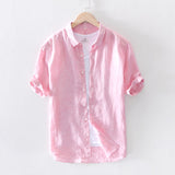 Riolio 100% Pure Linen Men Short Sleeve Shirts Casual Fashion Green Pink Plaid Shirt Turn-down Collar Man Summer Tops