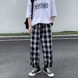 Riolio Men Casual Pants Plaid Ankle Length Loose Wide Leg All-match Elastic Waist Fashion Trousers Streetwear Harajuku Korean Retro Ins