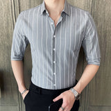 Summer Korea Style Handsome Fashion Mens Shirts Button Down Slim Fit Half Sleeve Striped Shirts 4XL 5XL