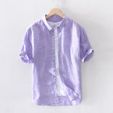 Riolio 100% Pure Linen Men Short Sleeve Shirts Casual Fashion Green Pink Plaid Shirt Turn-down Collar Man Summer Tops