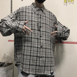 Riolio Korean ins versatile Plaid loose oversize long sleeve shirt for men and camisa masculina gray shirts