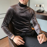 Riolio Autumn Winter Mens Half High Collar Long Sleeve T Shirts High Quality Velvet Stretched Slim Fit Solid Color T-Shirts Homme