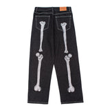 Retro Skull Hand Bone Embroidery Washed Mens Jeans Pants Vibe Style Straight Casual Oversize Denin Trousers Streetwear