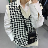 Men Houndstooth Sweater Vests Vintage Sleeveless V-neck Knitwear College Students Couple Loose Outwear Suester Para Hombre Chic