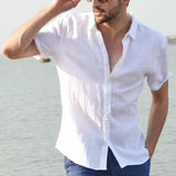 Men's Casual Short Sleeve Shirt Street Wear Lapel Button Solid Color Cotton Linen Shirt for Men Vintage Vacation Blouse M-3XL