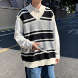 Riolio Stripe Sweater Vest Men Fashion Retro Casual V-neck Sweater Vest Men Streetwear Korean Loose Vest Sweater Pullover Mens Clothes