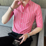 Summer Korea Style Handsome Fashion Mens Shirts Button Down Slim Fit Half Sleeve Striped Shirts 4XL 5XL