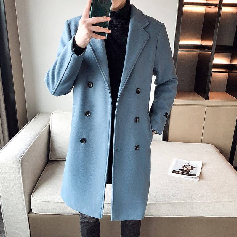 Men's Double-Breasted Lapel Collar Jacket Wool Coat Trench Winter Warm  Overcoat