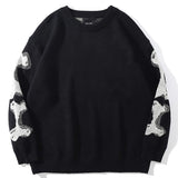 Men Oversized Sweater Black Loose Skeleton Bone Print Women Vintage Retro Knitted Sweater Autumn Cotton Pullover Unisex