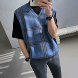 Riolio Plaid Knitted Sweater Vest Men Autumn New Korean Fashion V-neck Sweater Vest College Style Loose Casua Harajuku Sweater