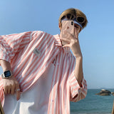 Summer Pink Stripe Men's Shirts Half Sleeve Oversized Korean Clothing Casual Fashion Male Blouses Tops