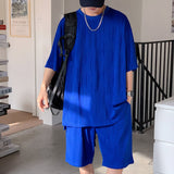 Riolio Summer Pleated Sets Men Fashion 3-color Casual Ice Silk Sets Mens Loose Casual Short-sleeved T-shirt/Shorts Two-piece Set Men