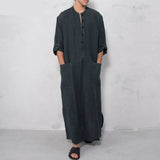 Riolio New Men's Muslim Style Robe Stand Neck Door Barrel Solid Hot Selling Multi Button Long-style Long Sleeve Robe S-5XL