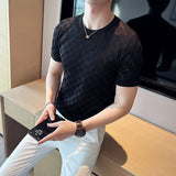 Mens High Elasticity Transparent Mesh Knitted T-shirts Summer Short Sleeve O-Neck Hollow T Shirt Male Casual Plaid Tee Tops