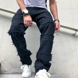 New Simple Stylish Men Hip Hop Ripped Patch Straight Loose Jeans Pants Streetwear Male Casual Denim Trousers