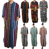 Riolio Men's Muslim Long Sleeve Cotton Striped Robes Summer Islamic Arabian Kaftan Suit Middle East Dubai Abaya Retro