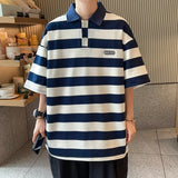 Japanese Stripe Short Sleeve Tee Turndown Collar Loose Men's Clothing Preppy Style Leisure Harajuku Korean Summer Clothes