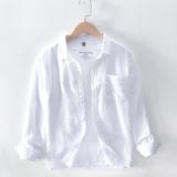 Cotton Linen Casual Shirts Men Basic Classic White Hawaiian Shirt Spring Male Long Sleeve Stand Collar Breathable Thin Tops