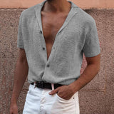 Knit Men's Mesh Shirts with Holes Nightclub Short Sleeve Button Up Men Clothing Tops Cardigan Summer Beach Harajuku