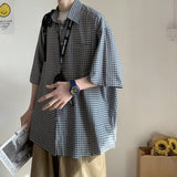 Lattice Short Sleeve Shirt Men Summer Casual Loose Fashion Japanese Style Blouses Turn Down Collar Male Shirts