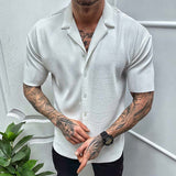 Leisure Solid Color Ribbed Shirts Men Clothes Fashion Short Sleeve Lapel Button Shirt Spring Summer Men's Casual Streetwear