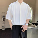 Daily Casual Mens Shirt Pure Color Pleated Buttoned Stand Collar Loose Tops Shirt Summer Fashion Half Sleeve Shirts Streetwear