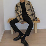 Riolio Winter New Cardigans Sweater for Men Retro Loose Casual Korean Fashion V-neck Plaid Line Cardigan Knitted Sweater Men Coats