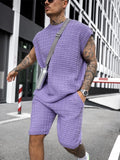 Riolio Streetwear Summer Men Fashion Outfits Knitted Solid Color Loose Two Piece Sets Mens Casual O Neck Pullover And Shorts Suits
