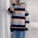 Long-sleeved striped T-shirt men's Korean loose hip hop top trend all-match handsome Hong Kong style O-neck casual sweatshirt