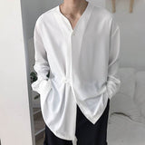 Riolio Men Shirt V Neck Irregular Long Sleeve Shirt Streetwear Solid Color Korean Casual Shirts Button Loose Shirt