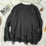 Ripped Knitted Sweater Black Sweaters Torn Sweater with Holes Pullovers Sweaters Korean Streetwear Hip Hop Harajuku