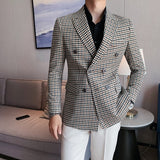 Riolio British Style Slim Fit Houndstooth Blazer For Men Fashion Double Breasted Business Office Wedding Dress Suit Jacket