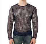 Men Transparent Sexy Mesh T Shirt New See Through Fishnet Long Sleeve Muscle Undershirts Nightclub Party Perform Top Tees