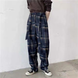 Riolio Men Casual Plaid Casual Straight Ankle-length Wide Led Drape Streetwear Loose Trousers New Fashion Streetwear Harajuku