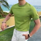 Riolio British Style Summer Ice Silk Short Sleeve Knitted T Shirts Men Simple Pure Color O-Neck Casual Slim Tee Shirt Top Homme M-3XL