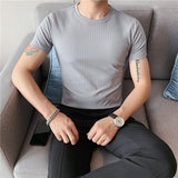 Summer Thin Dark Striped T Shirt Men's Clothes Short Sleeved Round Neck Slim Fit Elastic Tee Tops All-match Bottoming Shirt