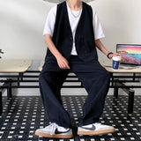 Riolio Casual Pants Set V-neck Sleeveless Solid Loose Chic Vests Tops Wide Leg Trousers Vintage Korean Style Two Piece Sets
