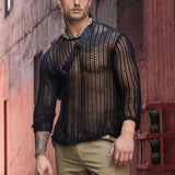 Streetwear Spring Summer Mens Fashion See Through Thin Tops Sexy Crew Neck Long Sleeve Solid Pullover Mens For Clothing Tee