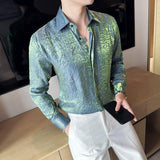 Riolio Summer Fashion Pleated Design Floral Shirt Men's Long Sleeve Slim Casual Shirts Ice Silk Gradient Sunscreen Clothes Shirts