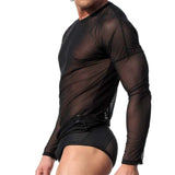 Mens Undershirt Gay clothing Nylon Mesh Shirt See Through Sheer Long Sleeves T Shirts Sexy transparent shirt Underwear