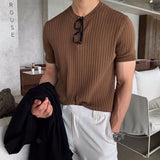 Riolio Fashion Simple Solid Color Slim Short Sleeve Ribbed Knit T Shirts Mens Clothes Spring Summer Casual Crew Neck Pullover Tops Men