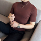 Riolio Autumn High Quality Short Sleeve Knitted T Shirts  Men Slim Solid Pullovers Half Turtleneck Casual Stretched Tee Shirt Homme