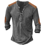 Men's Retro Stitching Color Contrast Henley Long Sleeve T-Shirt For Men Spring Autumn Cotton Loose Tops Casual Tees EU Size 5XL