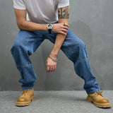 Streetwear New Men Stylish Loose Spliced Jeans Trousers High Quality Solid Male Casual Straight Denim Pants