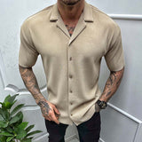 Leisure Solid Color Ribbed Shirts Men Clothes Fashion Short Sleeve Lapel Button Shirt Spring Summer Men's Casual Streetwear