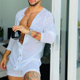 Sexy Pajamas Jumpsuit Men Solid Color Tight O Neck Long Sleeve T Shirt and Shorts New One-piece Buttons Home Clothes