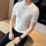 Mens High Elasticity Transparent Mesh Knitted T-shirts Summer Short Sleeve O-Neck Hollow T Shirt Male Casual Plaid Tee Tops