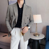 Riolio British Style Slim Fit Houndstooth Blazer For Men Fashion Double Breasted Business Office Wedding Dress Suit Jacket