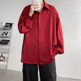 Korean Fashion Men's Satin Luxury Dress Shirt Loose Silk Casual Dance Party Long Sleeve Wrinkle Free Tuxedo Shirt