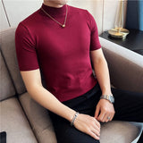 Riolio Autumn High Quality Short Sleeve Knitted T Shirts  Men Slim Solid Pullovers Half Turtleneck Casual Stretched Tee Shirt Homme